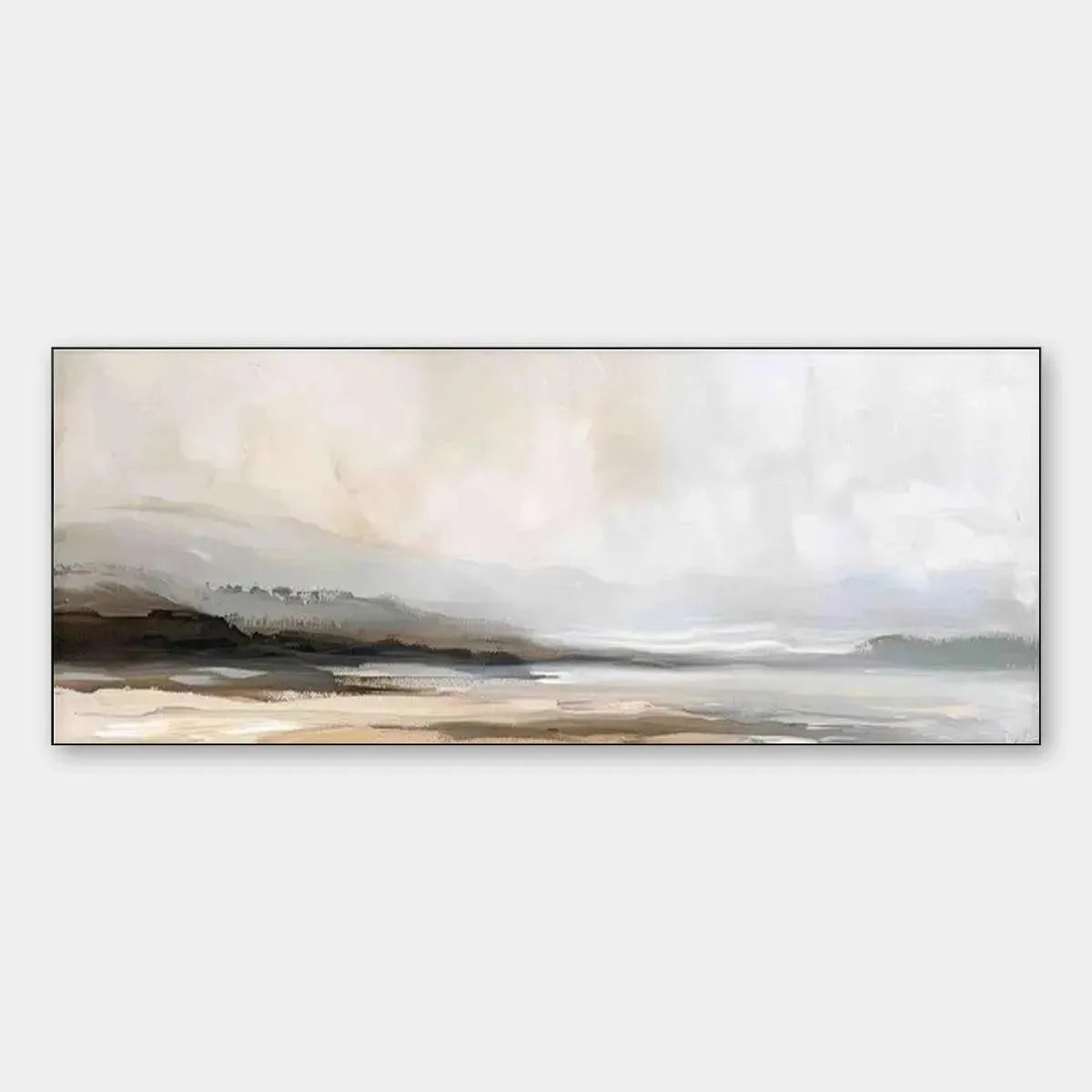 Misty Mountain Lake hand-painted ocean blue, ivory and soft neutral tones textured coastal landscape painting rolled canvas option