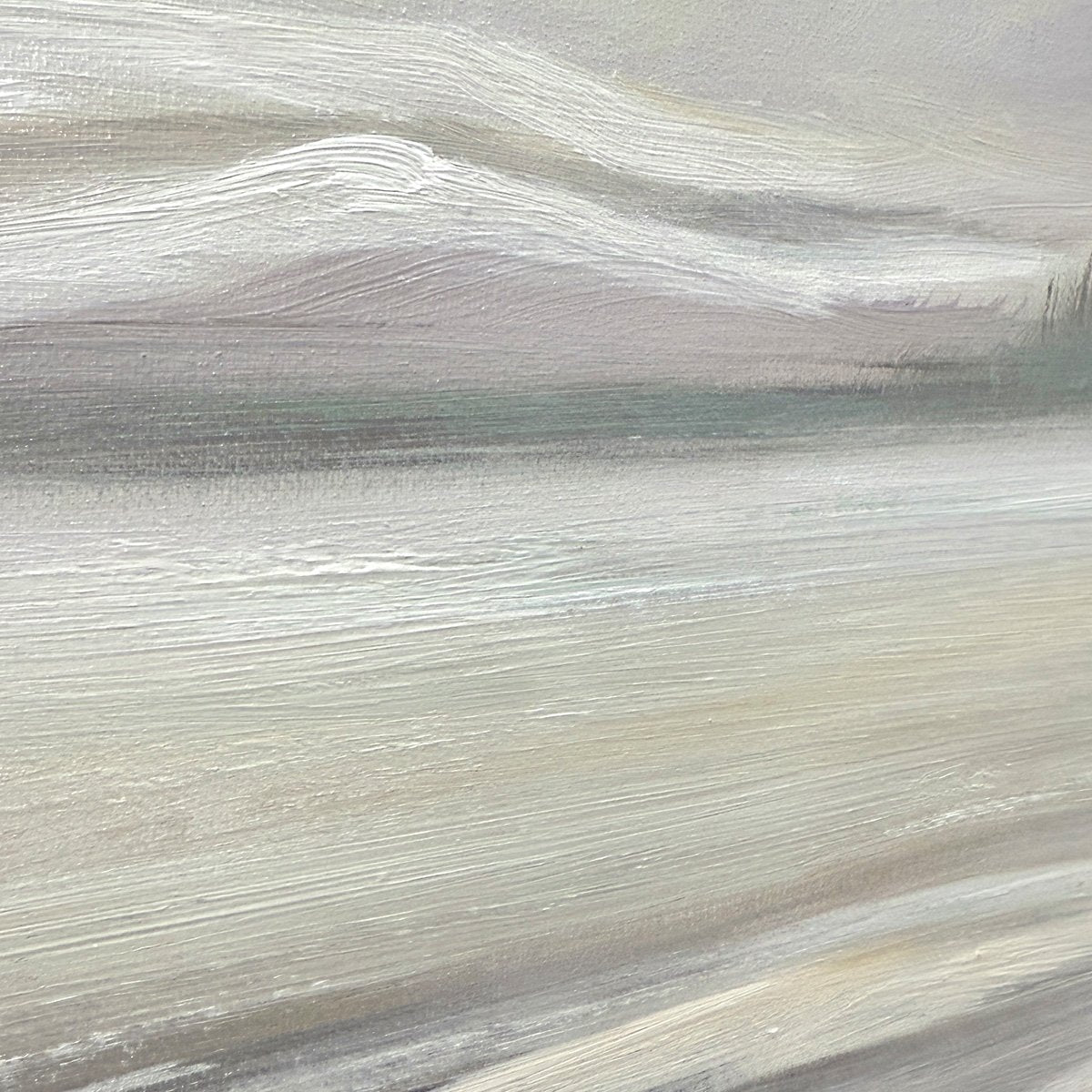 Misty Mountain Lake hand-painted ocean blue, ivory and soft neutral tones textured coastal landscape painting shown with silver frame