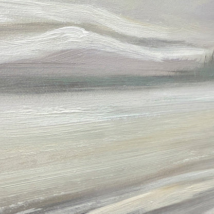 Misty Mountain Lake hand-painted ocean blue, ivory and soft neutral tones textured coastal landscape painting shown with silver frame