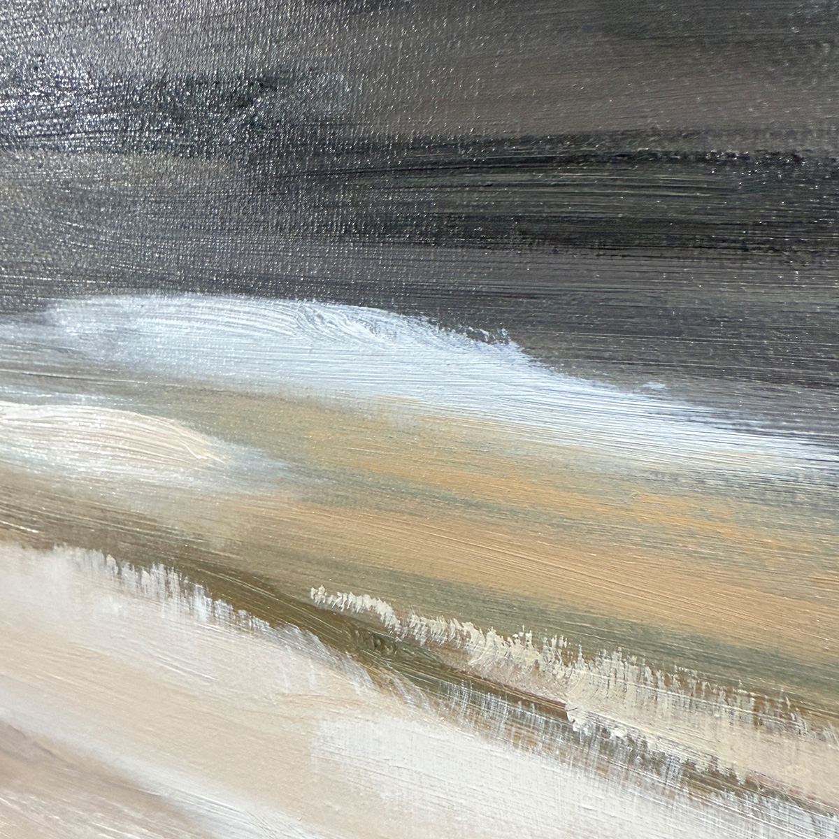 Misty Mountain Lake hand-painted ocean blue, ivory and soft neutral tones textured coastal landscape painting rolled canvas option