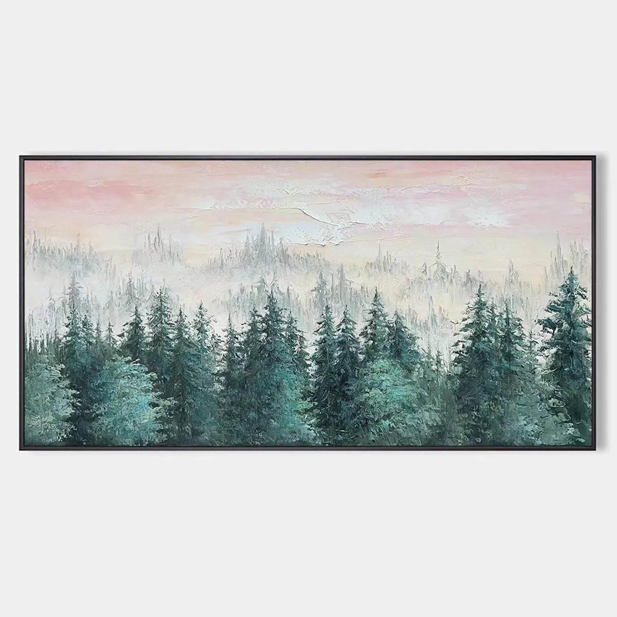 Misty Pines hand-painted green and pink textured forest landscape painting rolled canvas option