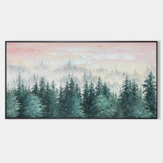 Misty Pines hand-painted green and pink textured forest landscape painting rolled canvas option