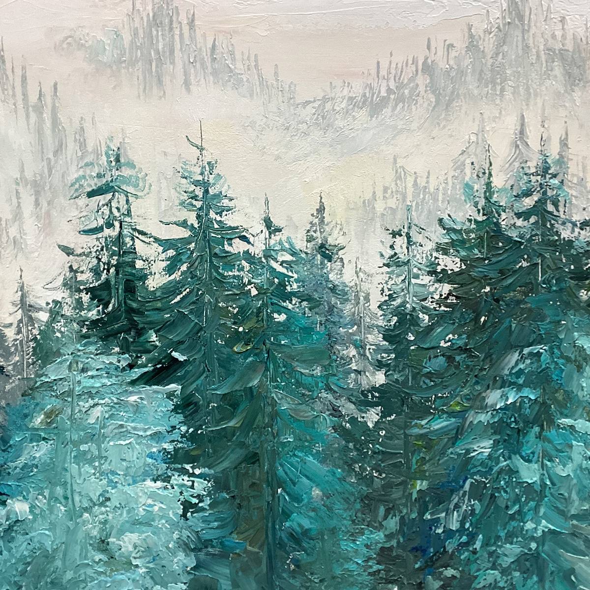 Misty Pines hand-painted green and pink textured forest landscape painting shown with wood frame