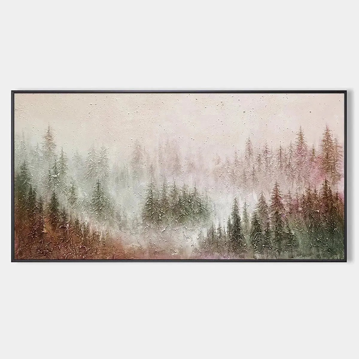 Misty Pines hand-painted forest green, soft grey and warm earth tones textured forest landscape painting rolled canvas option