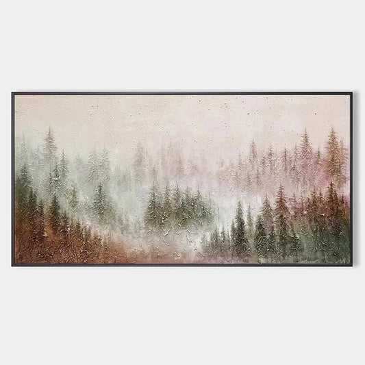 Misty Pines hand-painted forest green, soft grey and warm earth tones textured forest landscape painting rolled canvas option