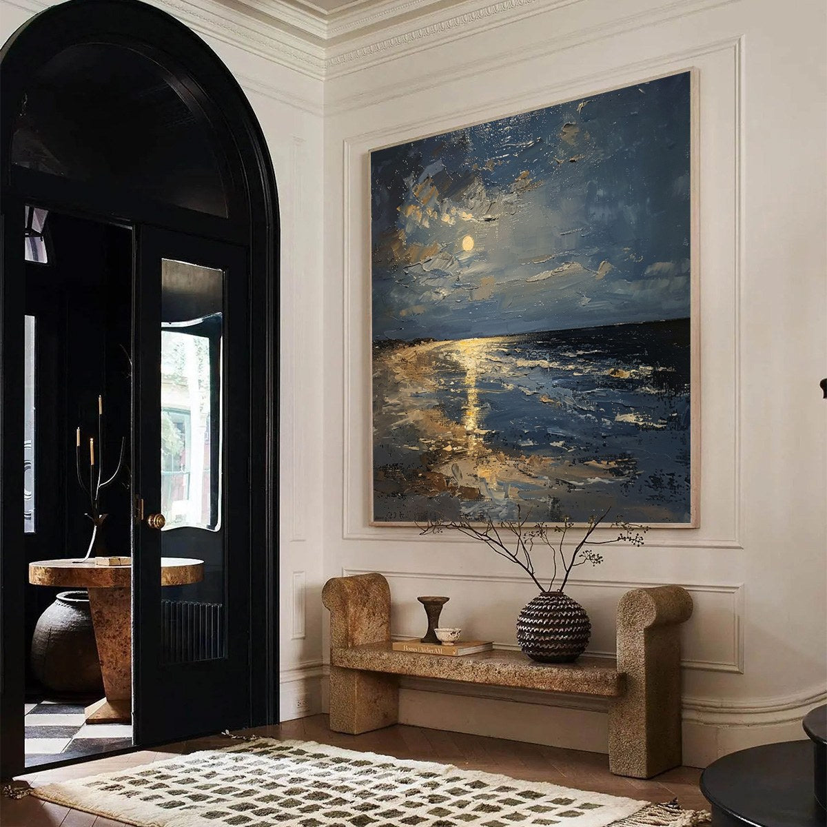 Moonlit Serenity hand-painted ocean blue and ivory textured sunset seascape painting shown with gold frame