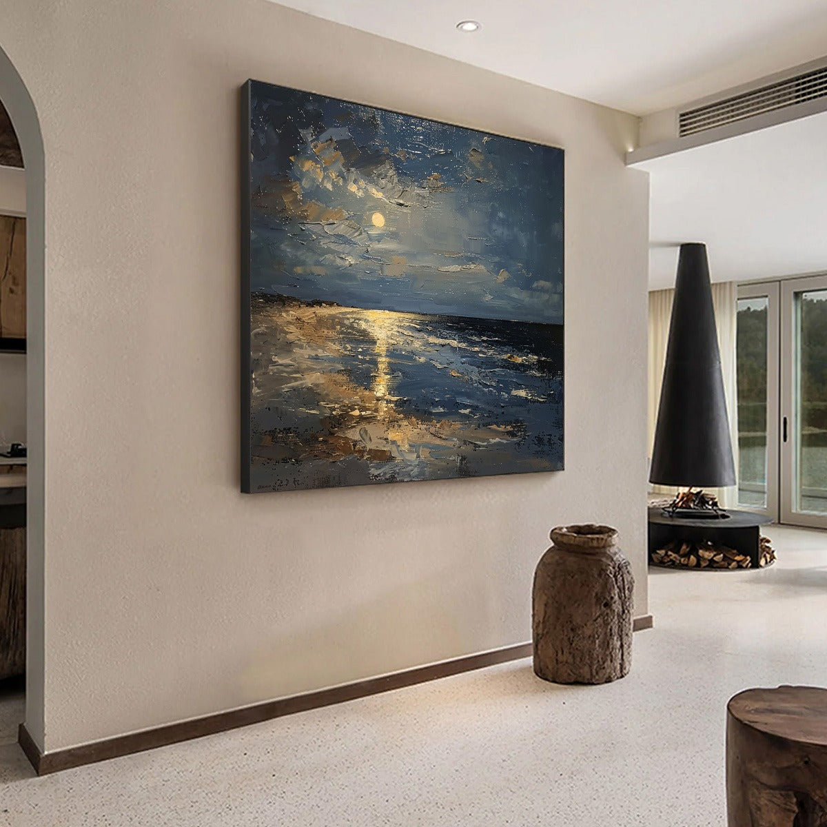 Moonlit Serenity hand-painted ocean blue and ivory textured sunset seascape painting shown with silver frame