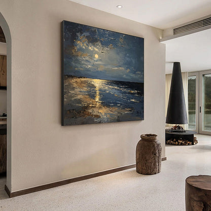 Moonlit Serenity hand-painted ocean blue and ivory textured sunset seascape painting shown with silver frame