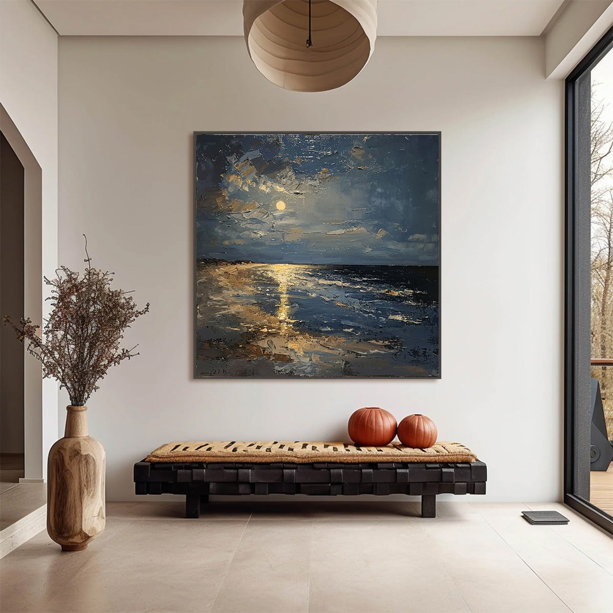 Moonlit Serenity hand-painted ocean blue and ivory textured sunset seascape painting shown with black frame