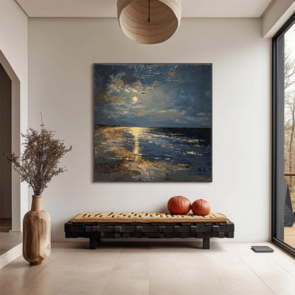 Moonlit Serenity hand-painted ocean blue and ivory textured sunset seascape painting shown with black frame
