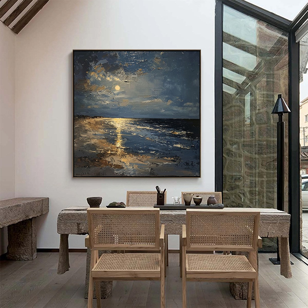 Moonlit Serenity hand-painted ocean blue and ivory textured sunset seascape painting rolled canvas option