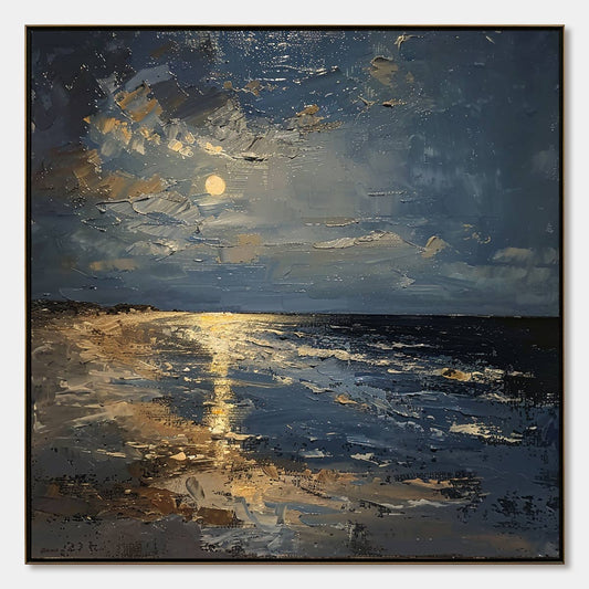 Moonlit Serenity hand-painted ocean blue and ivory textured sunset seascape painting rolled canvas option