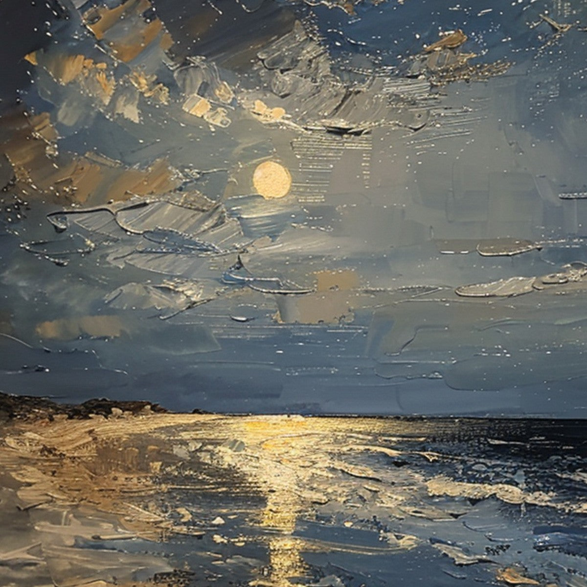 Moonlit Serenity hand-painted ocean blue and ivory textured sunset seascape painting shown with wood frame