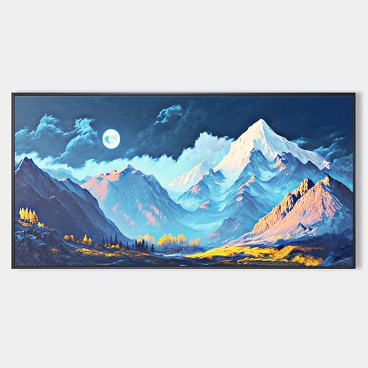 Moonlit Majesty hand-painted white, soft grey and slate blue textured mountain valley painting rolled canvas option