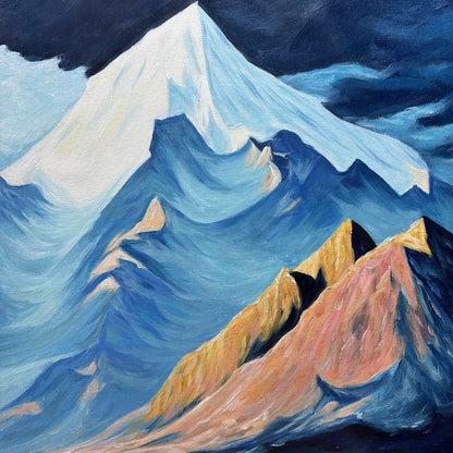 Moonlit Majesty hand-painted white, soft grey and slate blue textured mountain valley painting shown with black frame
