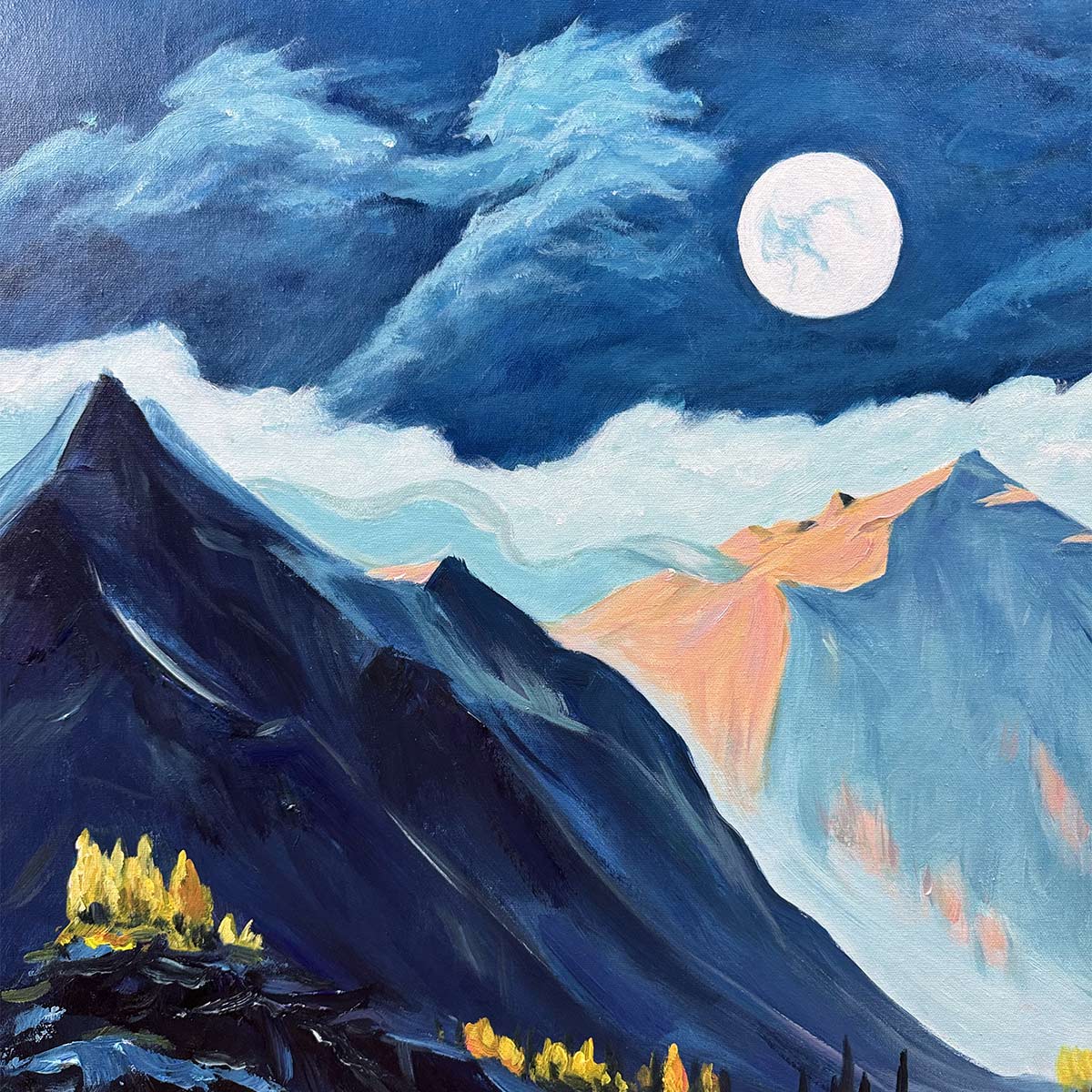 Moonlit Majesty hand-painted white, soft grey and slate blue textured mountain valley painting shown with gold frame