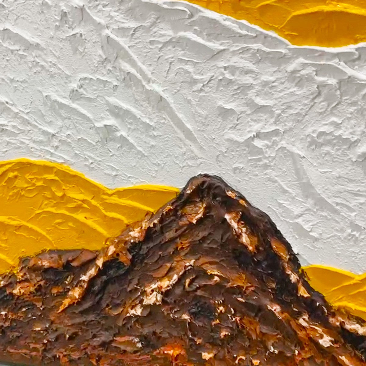 Mountain Peaks hand-painted white and earth brown textured mountain landscape painting shown with silver frame