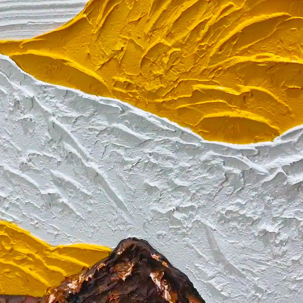 Mountain Peaks hand-painted white and earth brown textured mountain landscape painting shown with black frame