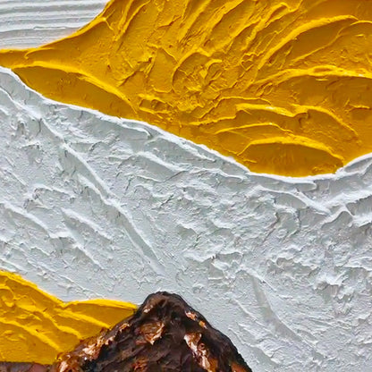 Mountain Peaks hand-painted white and earth brown textured mountain landscape painting shown with black frame