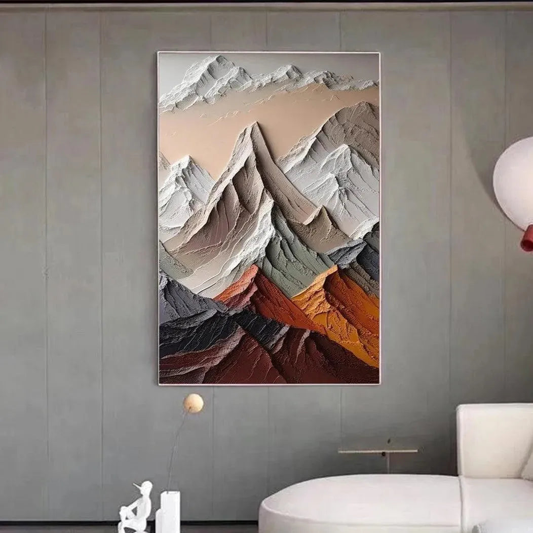 Majestic Peaks hand-painted slate blue, ivory and soft grey textured mountain landscape painting shown as stretched canvas