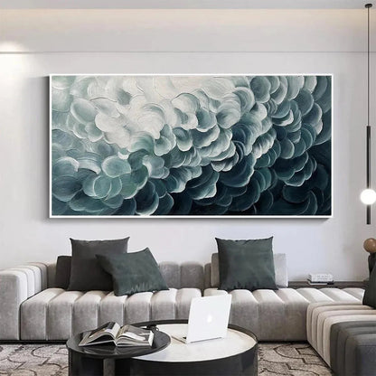Mediterranean Breeze hand-painted white and teal textured coastal abstract painting shown with white frame