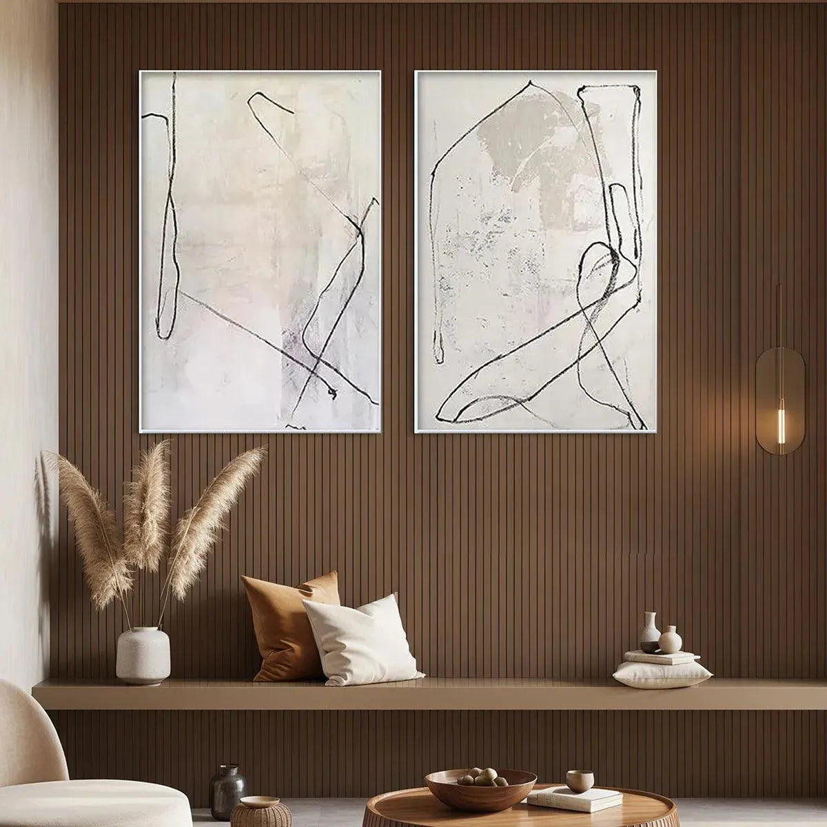 Minimalist Abstract Diptych – Wabi-Sabi Abstract Line Art Oil Painting, view 4