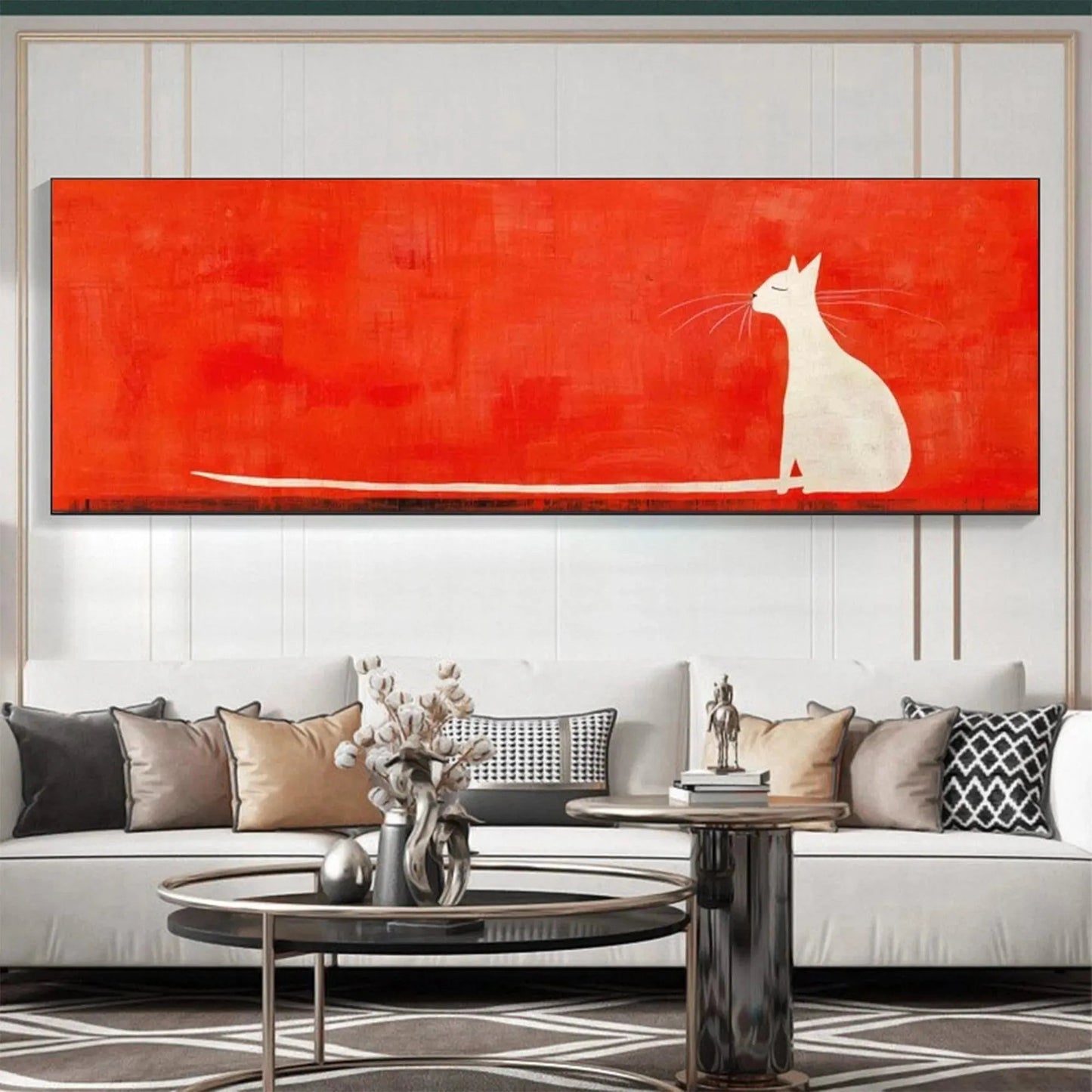 Green and Red Minimalist Cat Oil Painting – Minimalist Cat On Red Panoramic