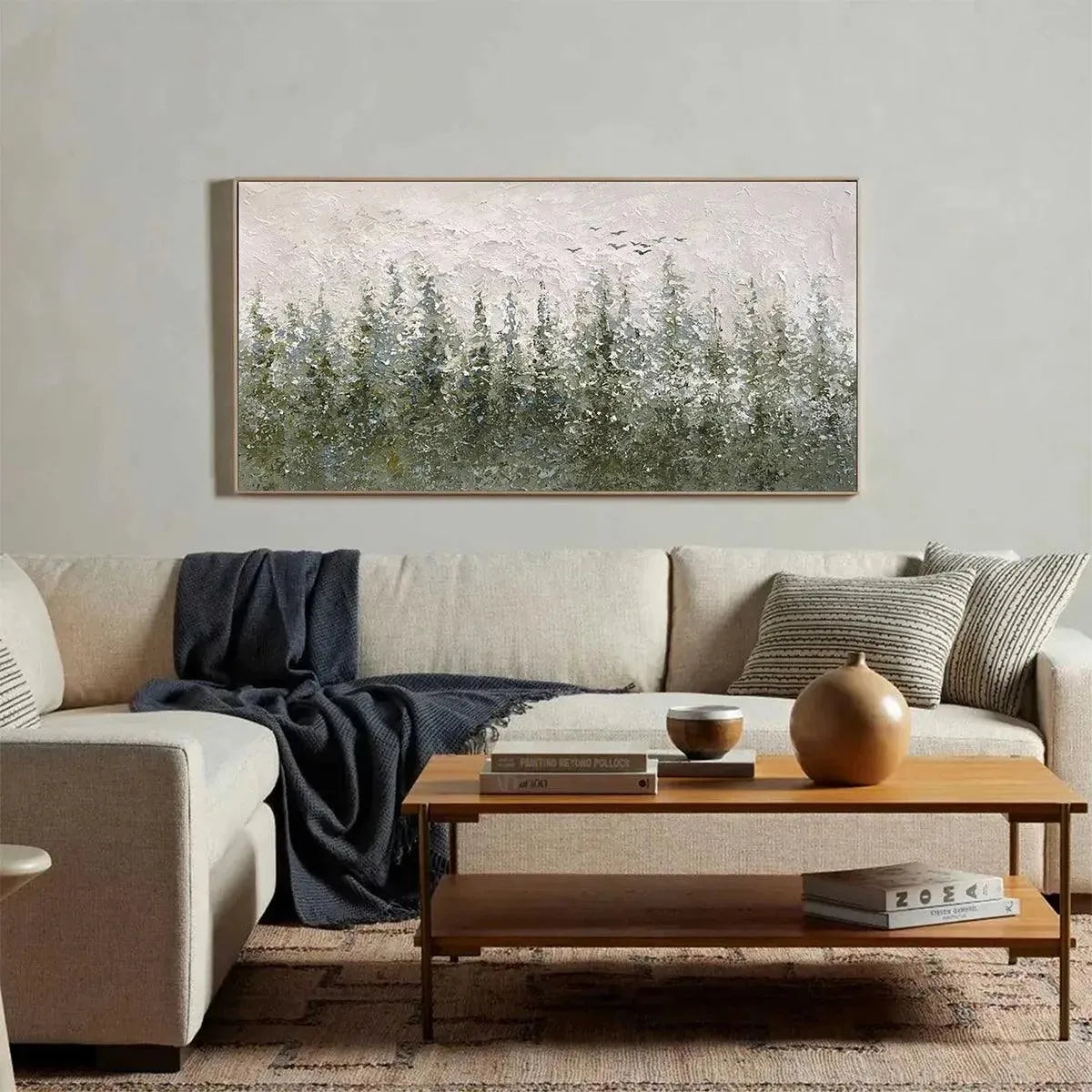 Misty Forest hand-painted forest green, soft grey and warm earth tones textured forest landscape painting shown with white frame