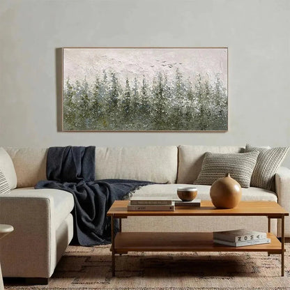 Misty Forest hand-painted forest green, soft grey and warm earth tones textured forest landscape painting shown with white frame