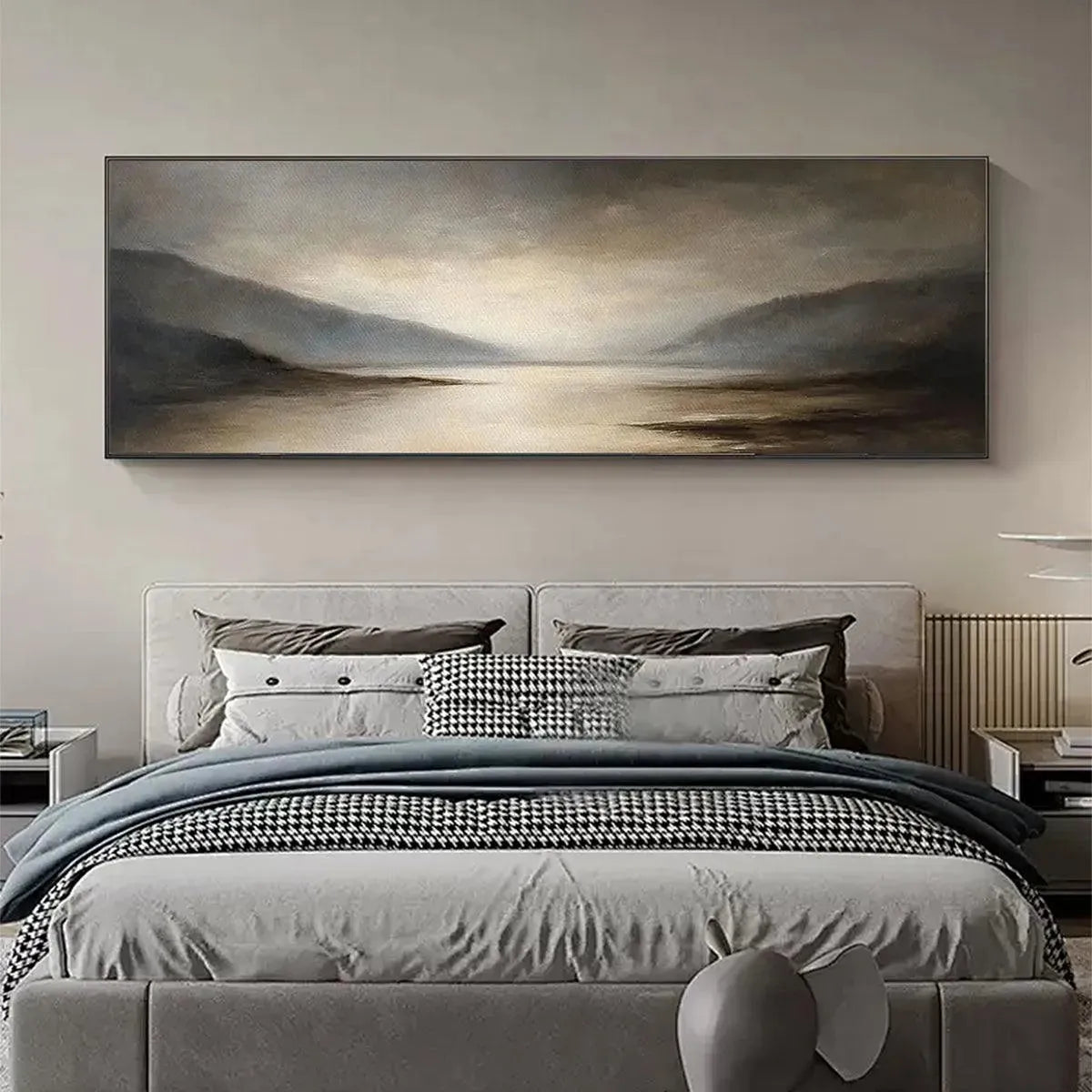 Misty Morning Serenity hand-painted ocean blue, ivory and soft neutral tones textured coastal landscape painting shown with wood frame