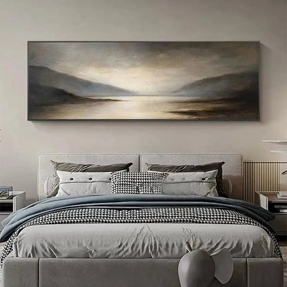 Misty Morning Serenity hand-painted ocean blue, ivory and soft neutral tones textured coastal landscape painting shown with wood frame