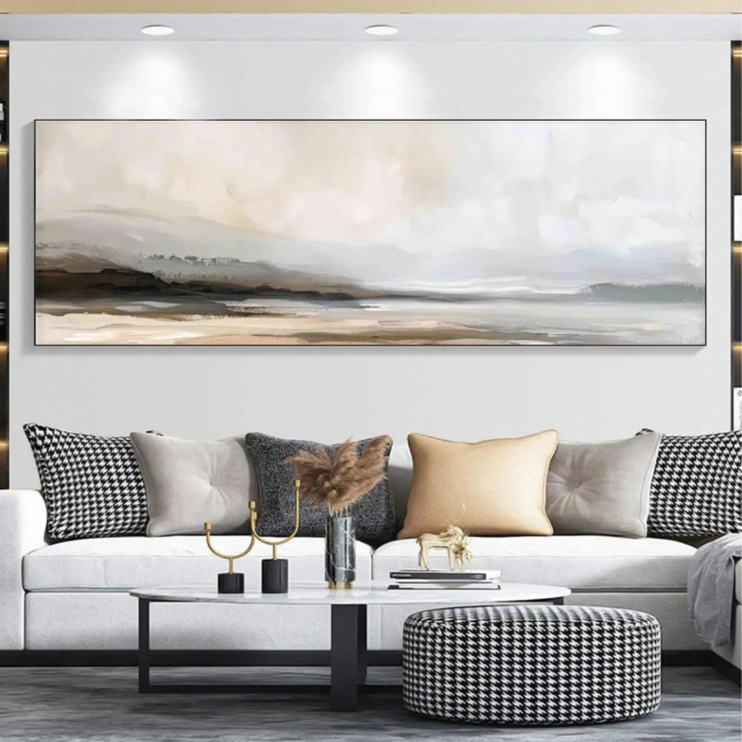 Misty Mountain Lake hand-painted ocean blue, ivory and soft neutral tones textured coastal landscape painting shown with gold frame