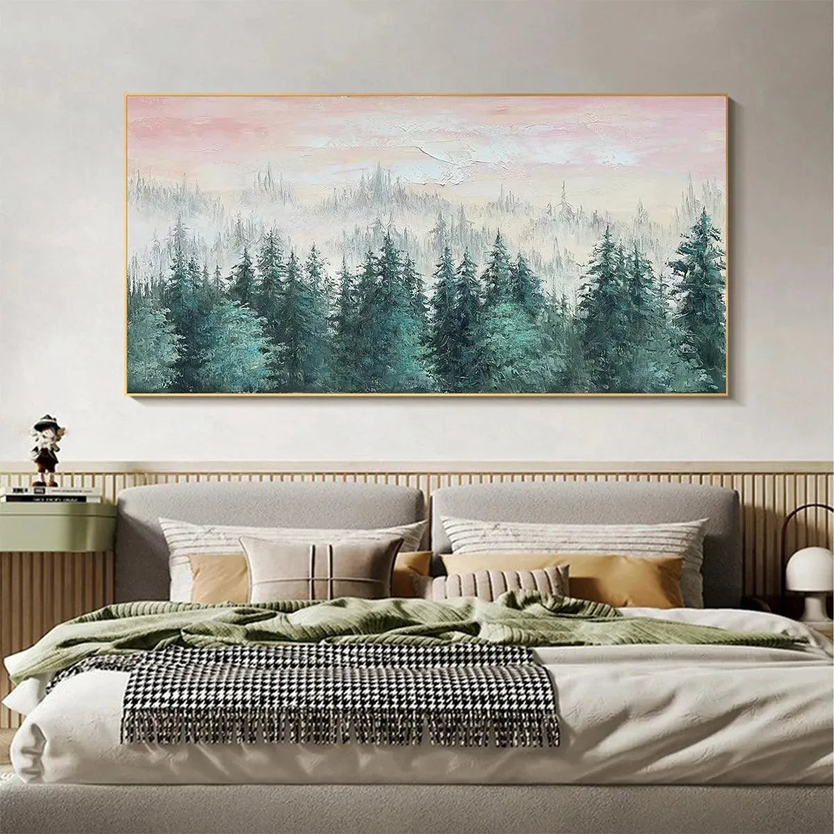 Misty Pines hand-painted green and pink textured forest landscape painting rolled canvas option
