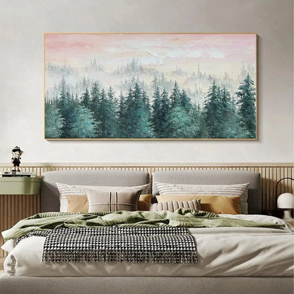 Misty Pines hand-painted green and pink textured forest landscape painting rolled canvas option