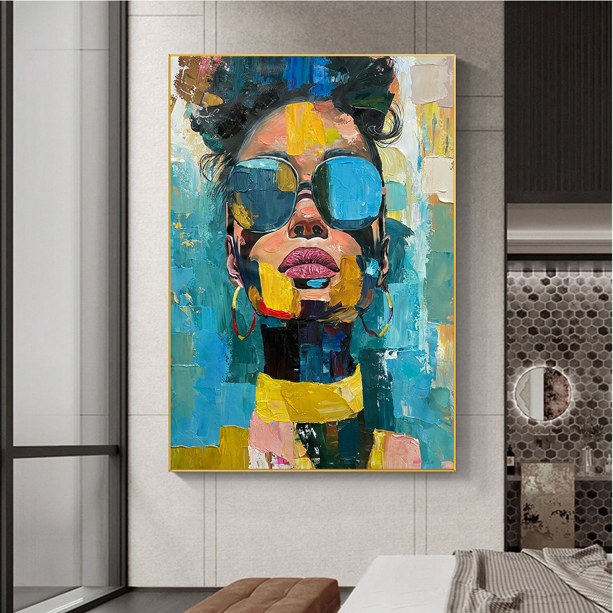 Figurative Gold Female Figure Impasto Oil Painting – Golden Gaze