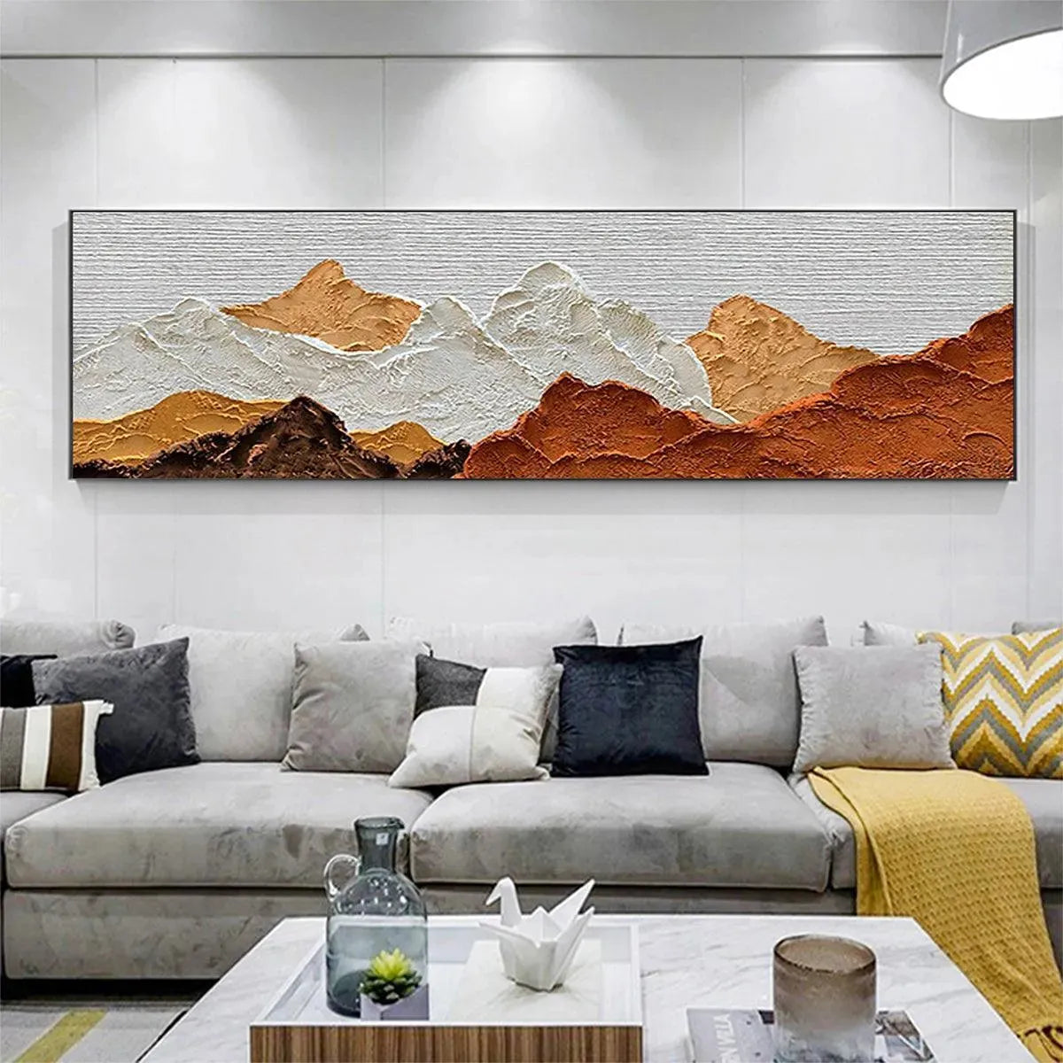 Mountain Peaks hand-painted white and earth brown textured mountain landscape painting shown as stretched canvas