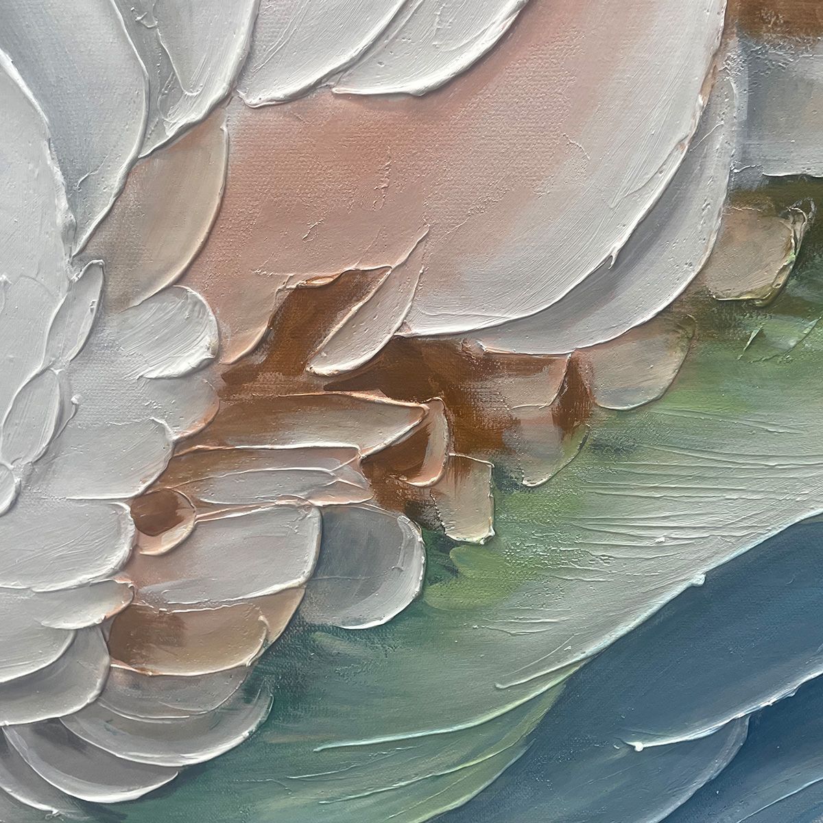 Ocean Whispers hand-painted cream, white and ocean blue textured ocean wave painting shown with silver frame