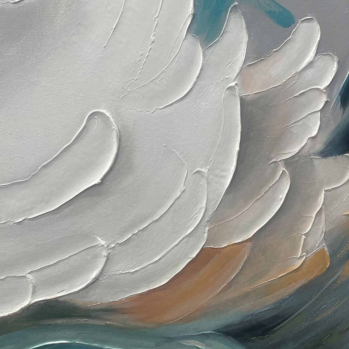 Ocean Whispers hand-painted cream, white and ocean blue textured ocean wave painting shown with black frame