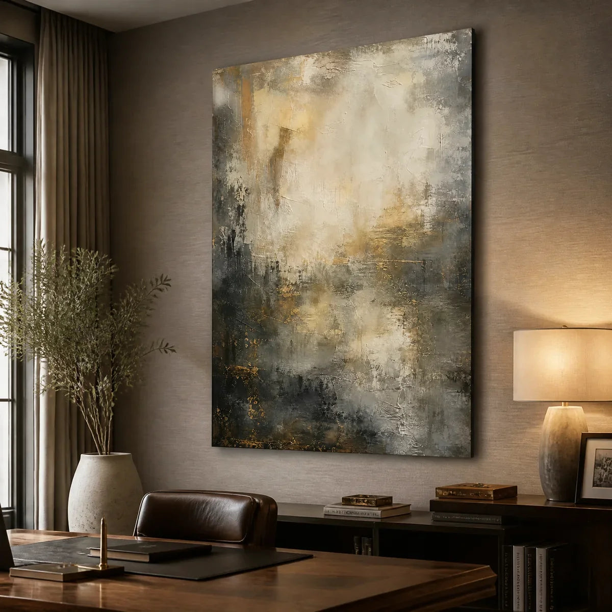 Gold and Grey Wabi-Sabi Abstract Oil Painting – Night Aurelia