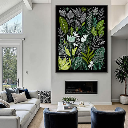 Green and Black Floral Painting – Nocturnal Garden