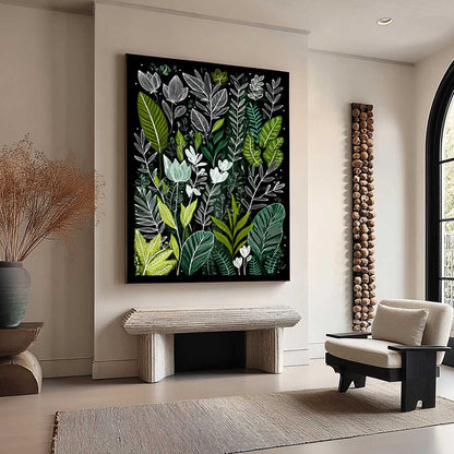 Green and Black Floral Painting – Nocturnal Garden