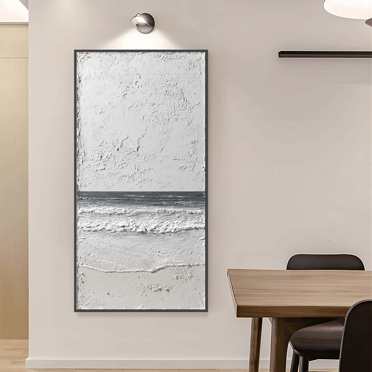 Noir Horizon hand-painted white, beige, sand and black textured coastal abstract painting shown with silver frame