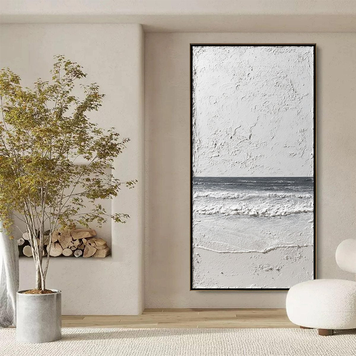 Noir Horizon hand-painted white, beige, sand and black textured coastal abstract painting shown with black frame