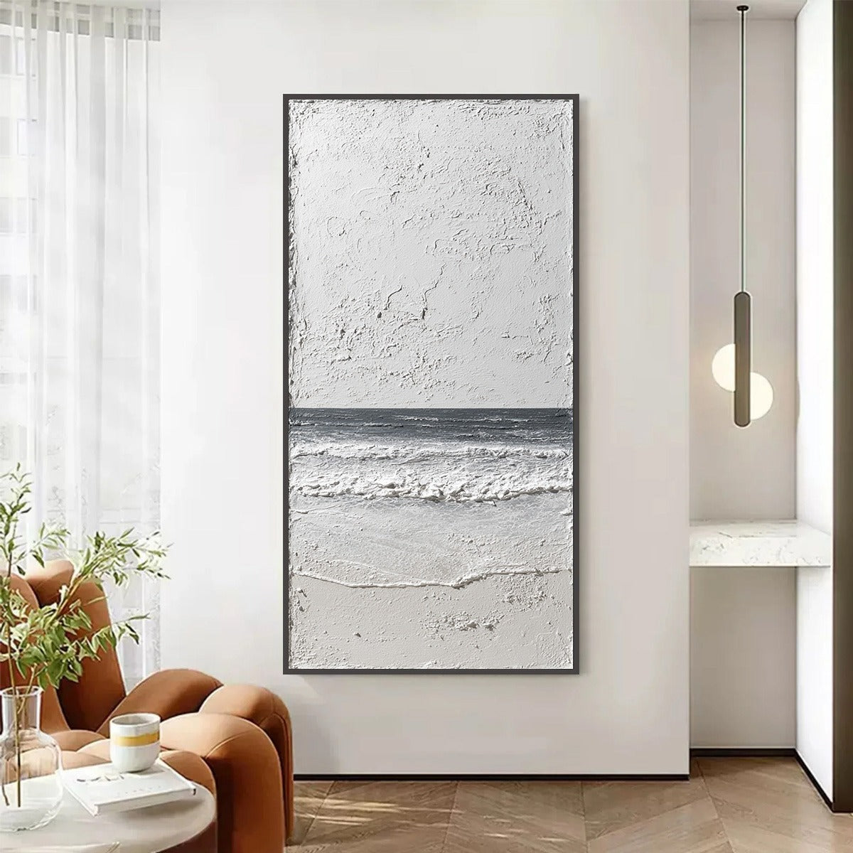 Noir Horizon hand-painted white, beige, sand and black textured coastal abstract painting shown as stretched canvas