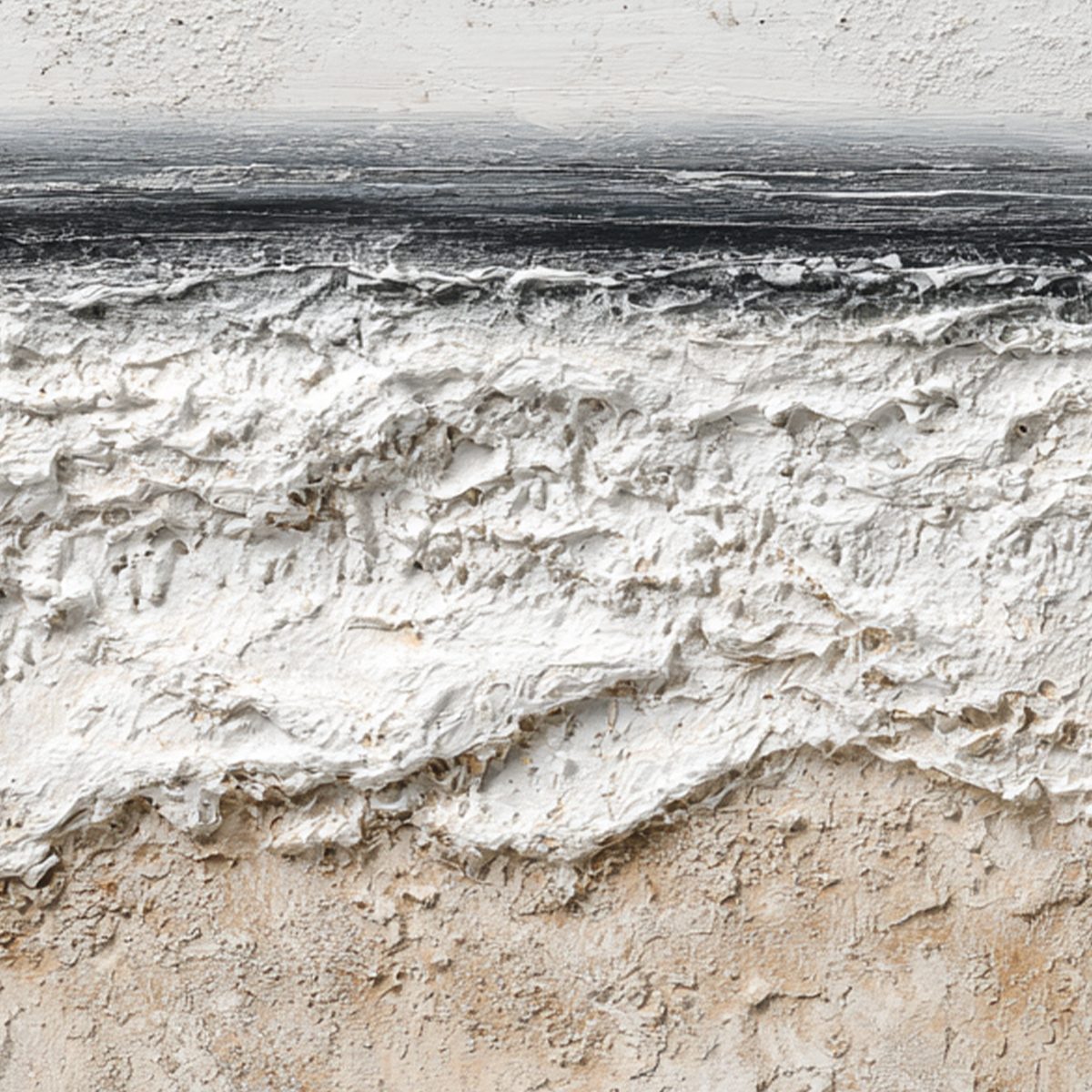 Noir Horizon hand-painted white, beige, sand and black textured coastal abstract painting shown with gold frame