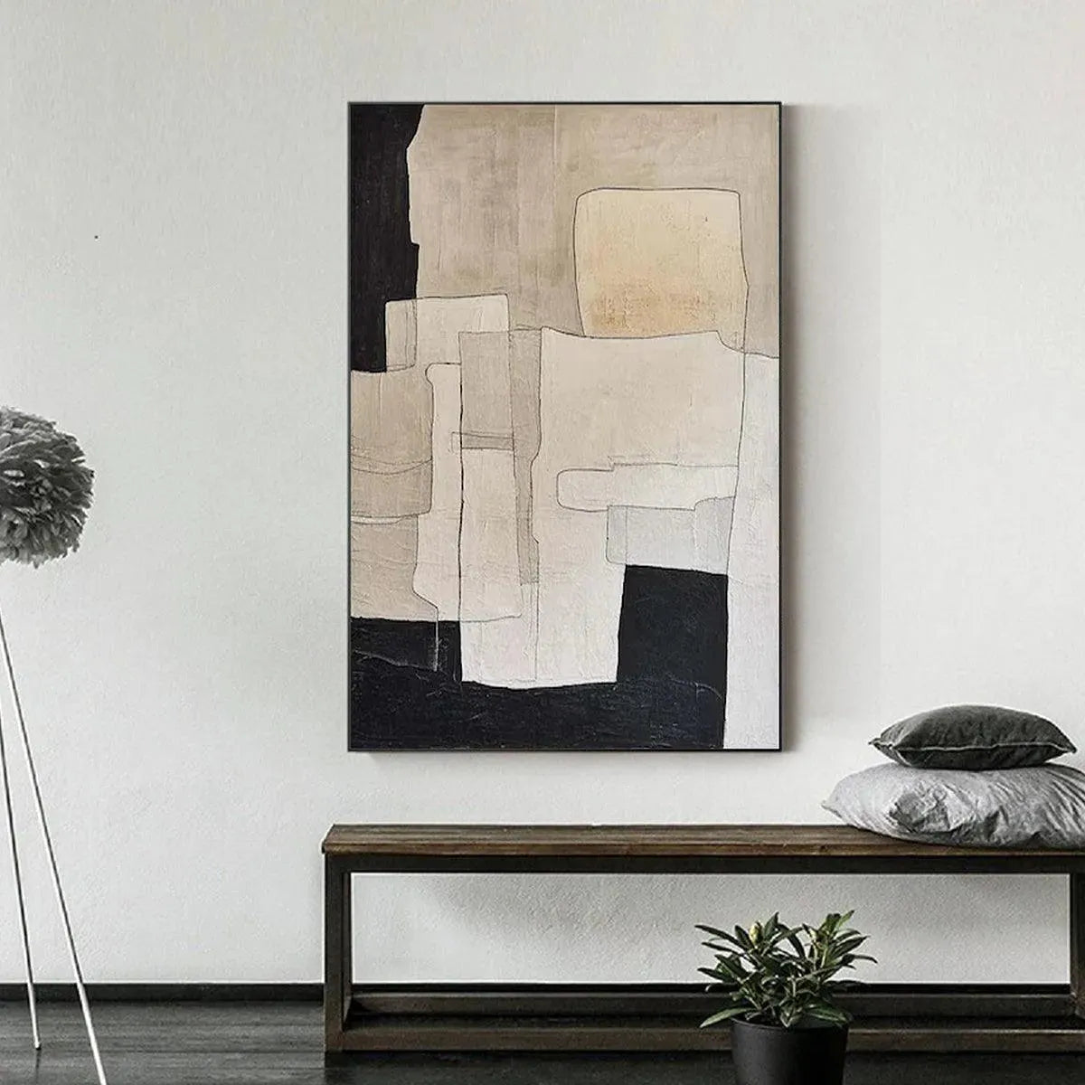 Black and Beige Wabi-Sabi Neutral Abstract Oil Painting – Neutral Abstract