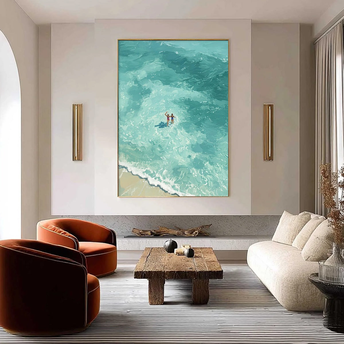 Ocean Embrace hand-painted turquoise and ivory textured beach scene painting shown with silver frame