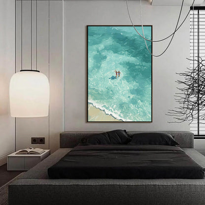 Ocean Embrace hand-painted turquoise and ivory textured beach scene painting shown with black frame