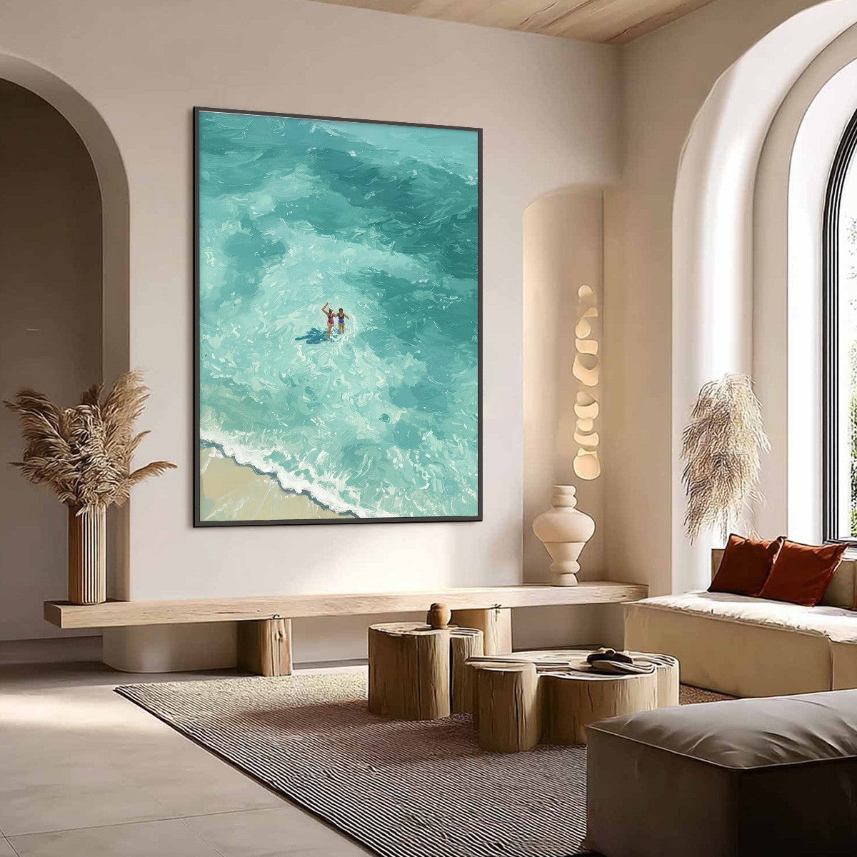 Ocean Embrace hand-painted turquoise and ivory textured beach scene painting shown with wood frame