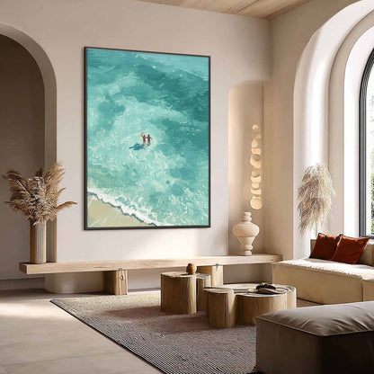 Ocean Embrace hand-painted turquoise and ivory textured beach scene painting shown with wood frame